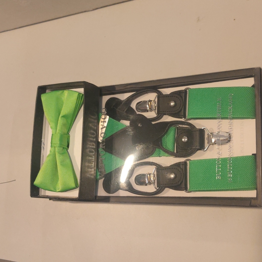 PACKAGE BUNDLE Green Button & Clip Convertible Suspender Apple green bowtie